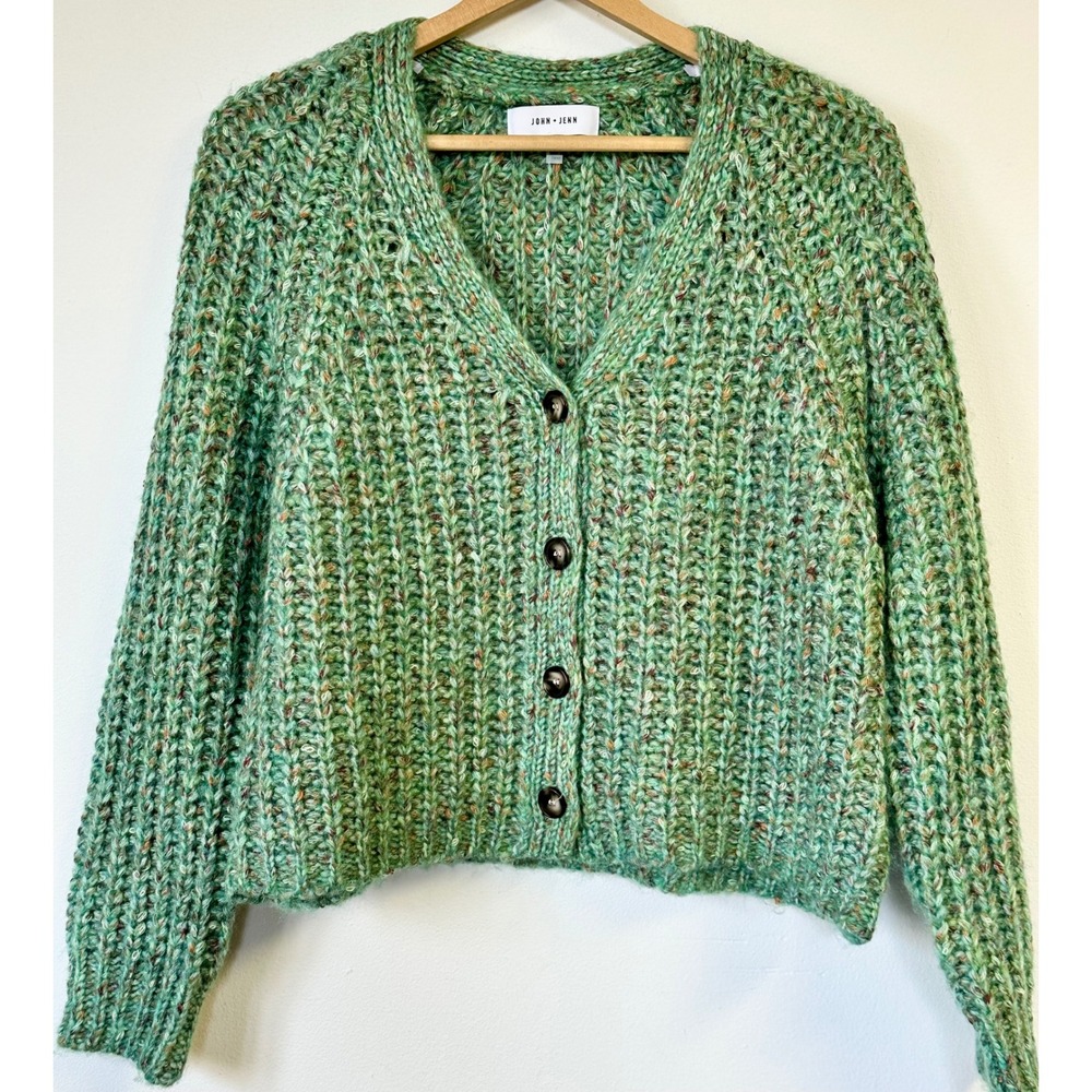 John & Jenn Green Space Dye Chunky Knit V-Neck Button Front Cardigan Sweater L